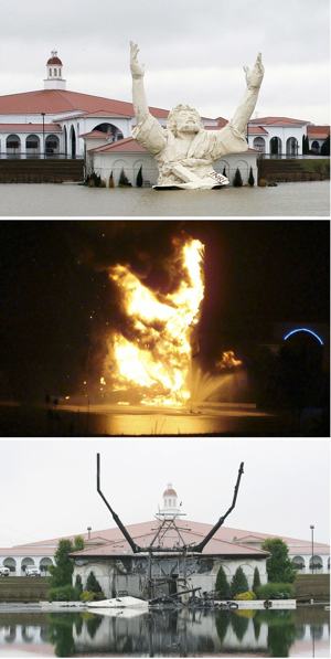 La gigantesca estatua de Jesús, el fuego que la consumió y los restos que quedaron. Fotos: AP.