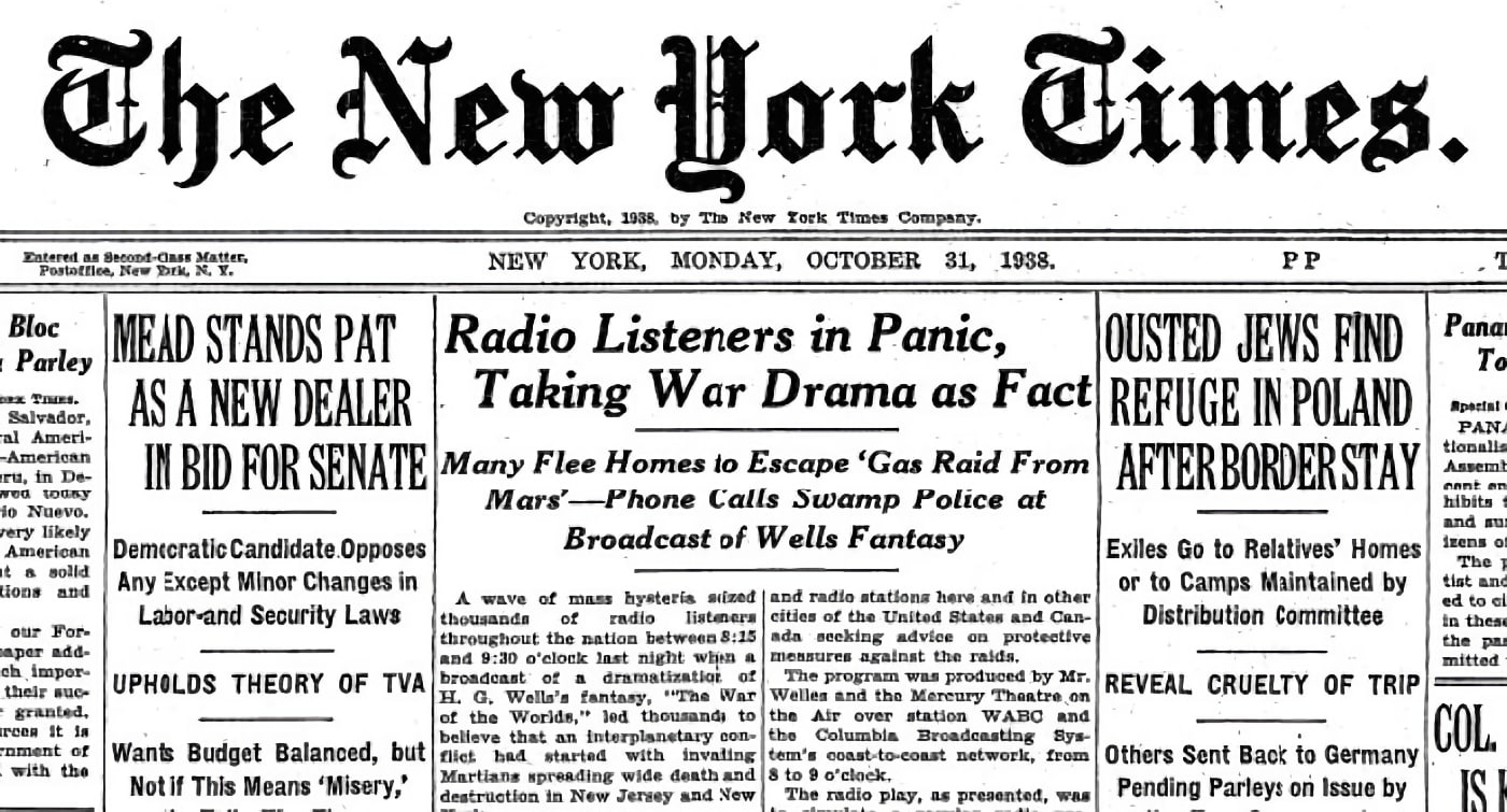 'La guerra de los mundos' de Orson Welles, en la primera página de 'The New York Times'.