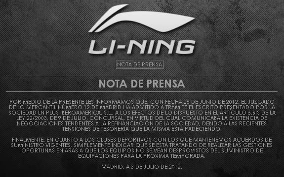 Anuncio de declaración de concurso de acreedores, en la web de la firma Li-Ning España.