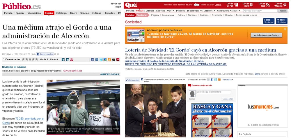 Informaciones sobre la médium del 'Gordo' publicadas en 'Público' y 'Qué!'.