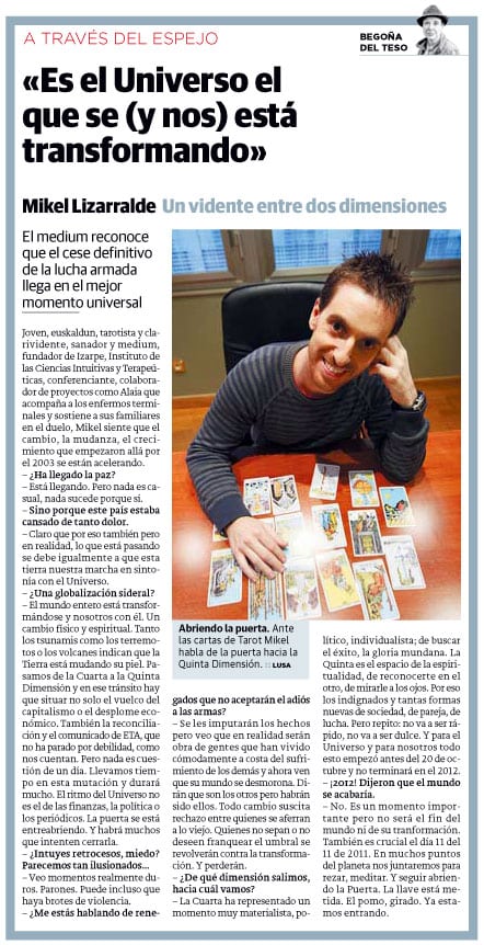 Entrevista al vidente y médium Mikel Lizarralde en 'El Diario Vasco'.