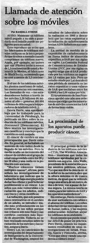 Información alarmista sobre el peligro de los móviles publicada en 'El País'.