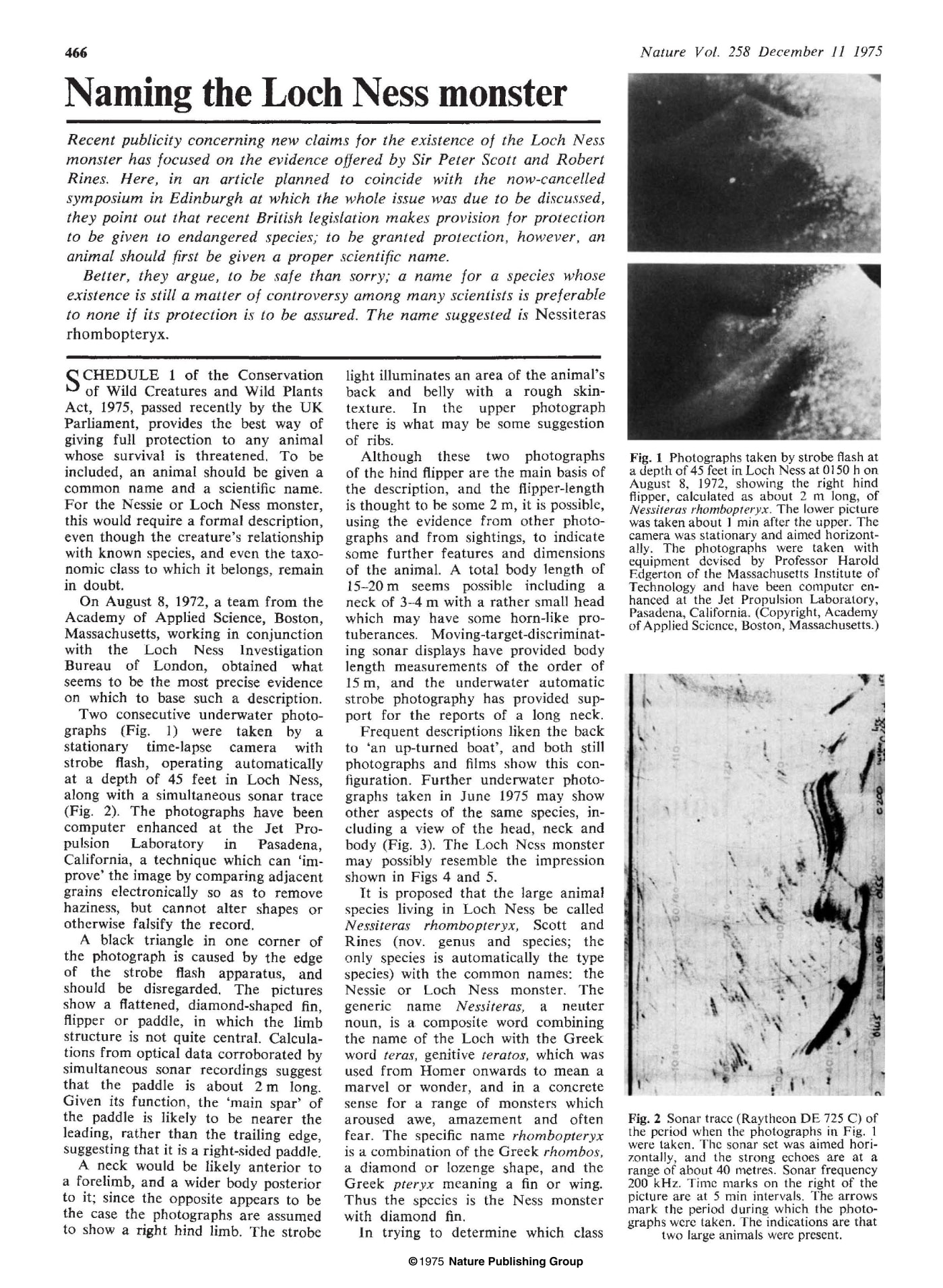 Primera página del artículo de 'Nature' de diciembre de 1975 en el que se bautiza al monstruo del lago Ness.