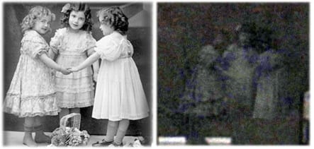 La presunta foto original de las niñas fantasma, según Iker Jiménez, y las pequeñas oscurecidas, recortadas, bajadas de resolución y pegadas en el cementerio de Navalperal de Pinares.