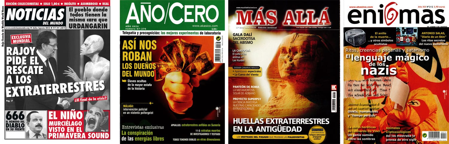 Portadas de 'Noticias del Mundo' y de las tres principales revistas esotéricas españolas.