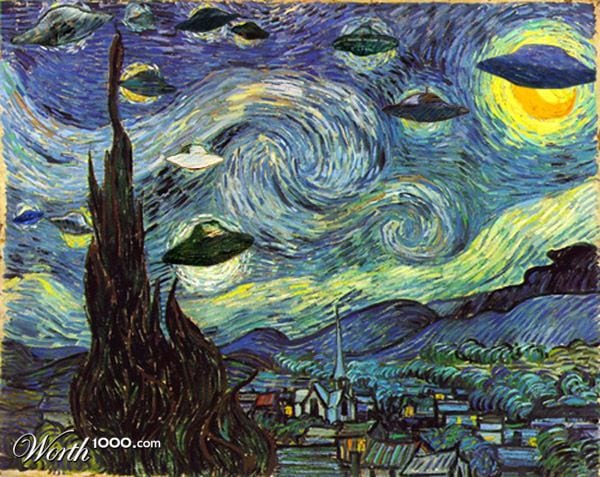 Los platillos volantes ocupan el lugar de las estrellas en esta curiosa versión de 'Noche estrellada', obra de una artista del 'Photoshop'.