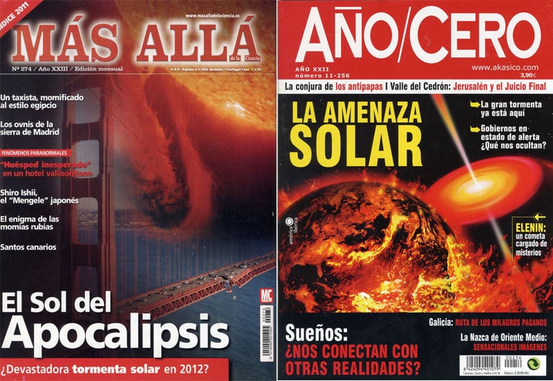Portadas de las revistas 'Más Allá' y 'Año Cero' que pronosticaban una apocalíptica tormenta solar para diciembre de 2012.