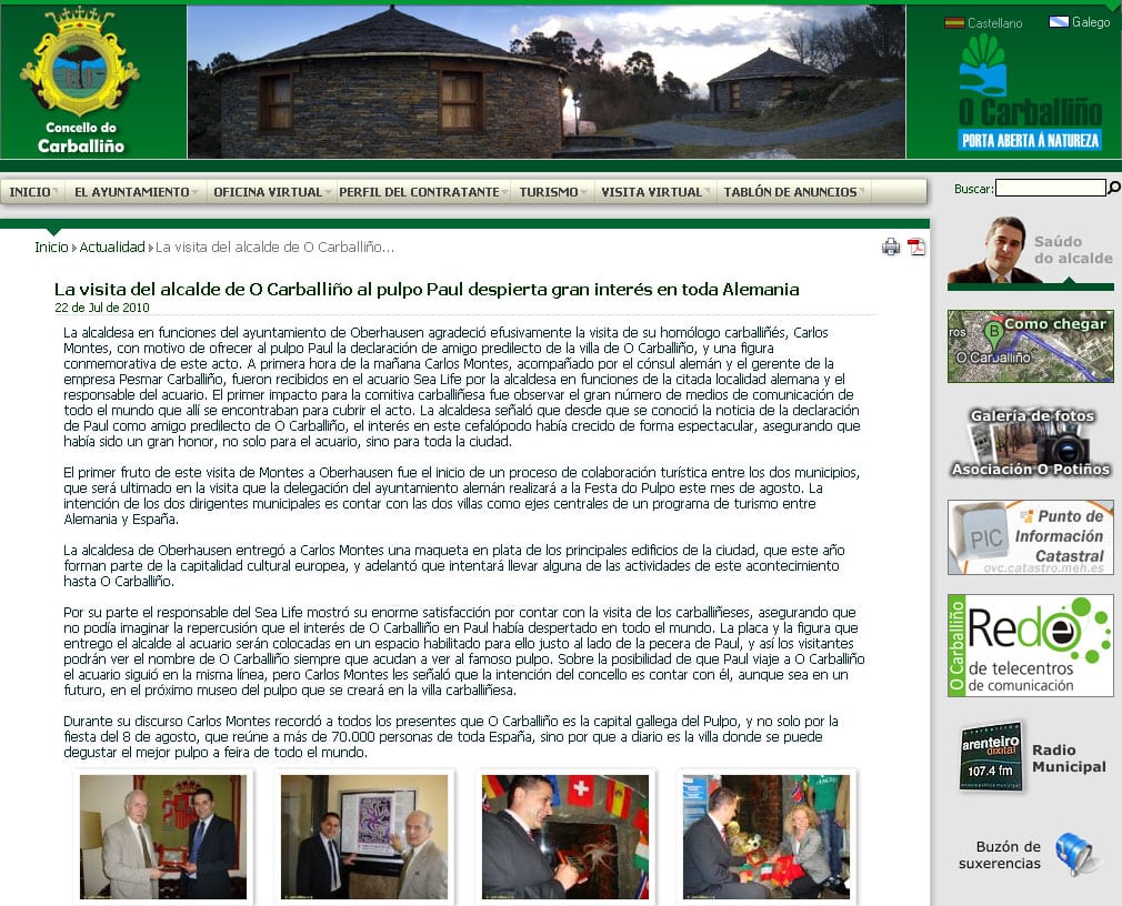 Así informó la web del Ayuntamiento de O Carballiño de la visita de su alcalde al pulpo Paul.