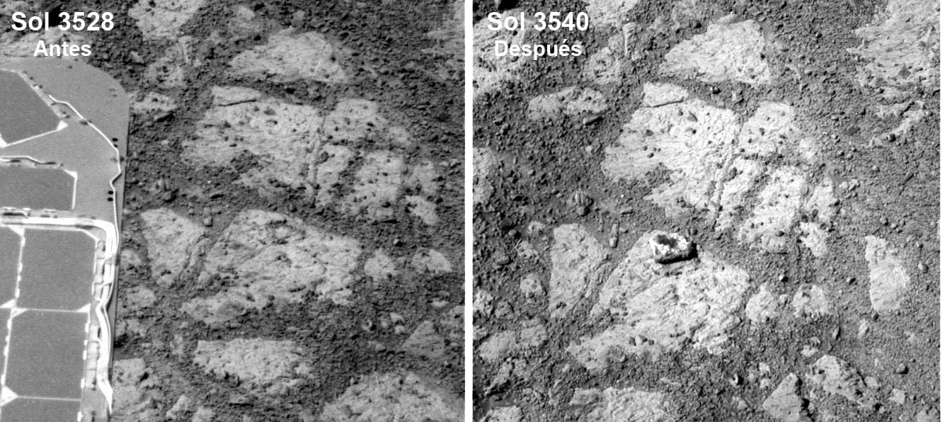 La piedra con forma de donut, visible en la foto de la derecha, no aparecía doce días antes en imágenes del lugar. Fotos: NASA.
