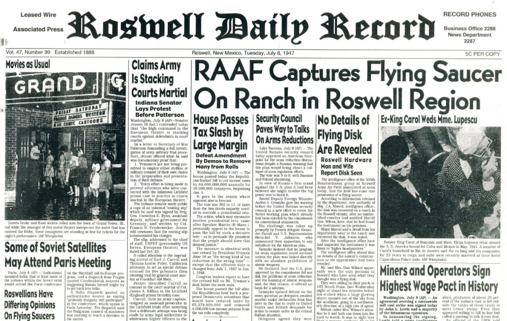 Primera página del 'Roswell Daily Record' del 8 de julio de 1947, con la noticia del platillo volante estrellado.