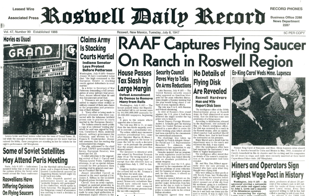 Primera página del 'Roswell Daily Record' del 8 de julio de 1947, anunciando la captura de un platillo volante por los militares.