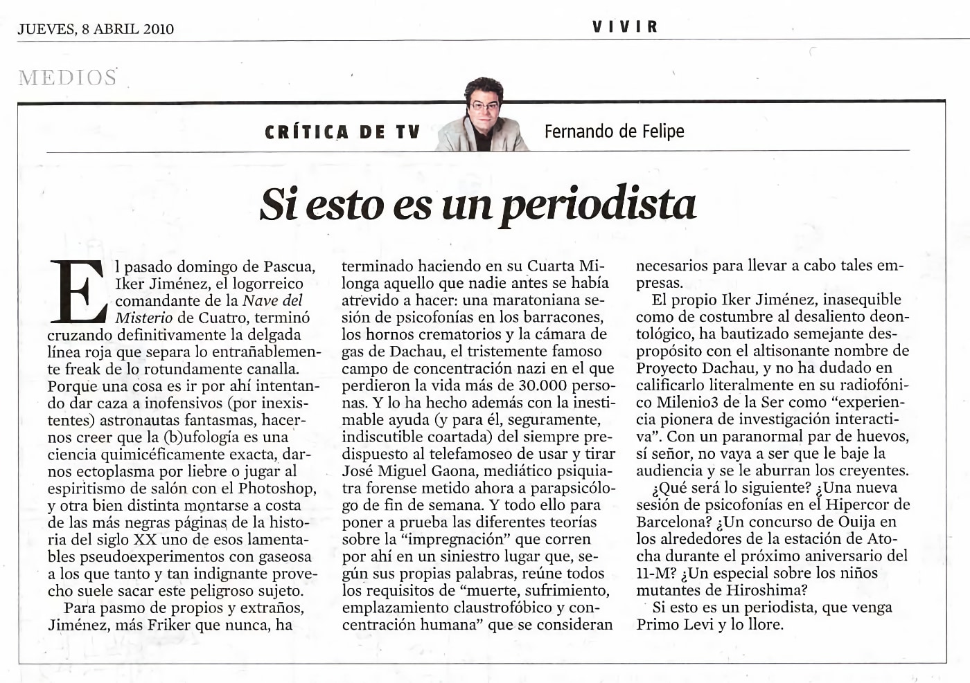 Artículo de Fernando de Felipe, crítico de televisión de 'La Vanguardia'.