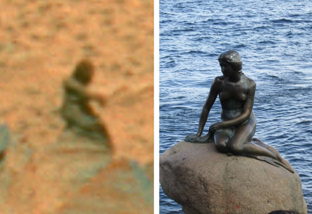 La sirenita de Marte y la de Copenhague. Fotos: NASA y dominio público.