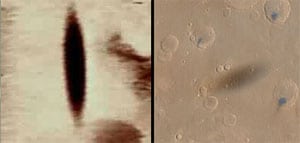 La sombra captada en la superficie marciana por la 'Fobos 2' y la otra similar, achacada a la propia luna, fotografiada por la 'Mars Globar Surveyor'.