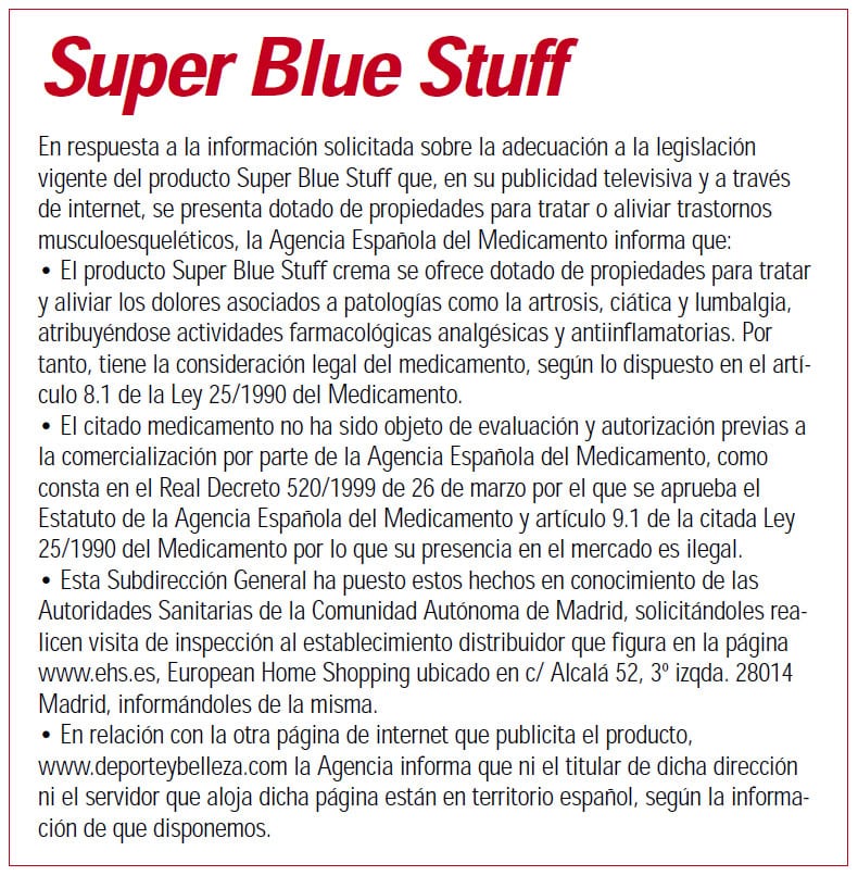 Comunicado de la Agencia Española de Medicamentos y Productos Sanitarios sobre Super Blue Stuff.