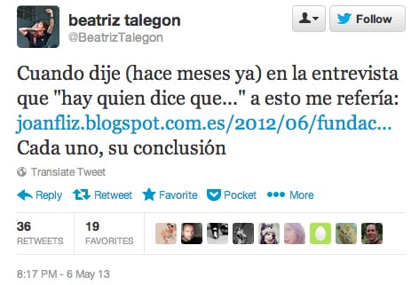 Tuit 'conspiranoico' de Beatriz Talegón.