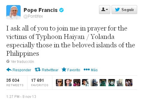 El tuit papal pidiendo que se ore por Filipinas.