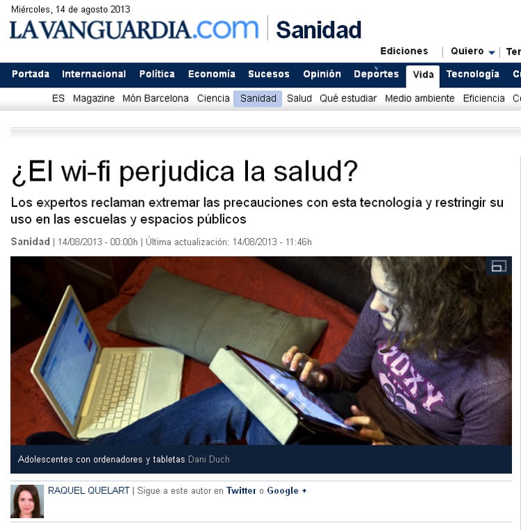 Reportaje sobre el peligro de la Wi-Fi publicado en 'La Vanguardia'.