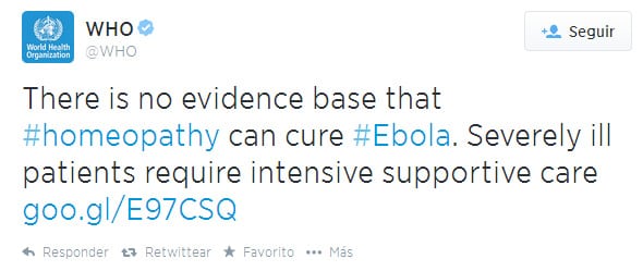 Tuit en el que la OMS advierte de que la homeopatía no cura el ébola.