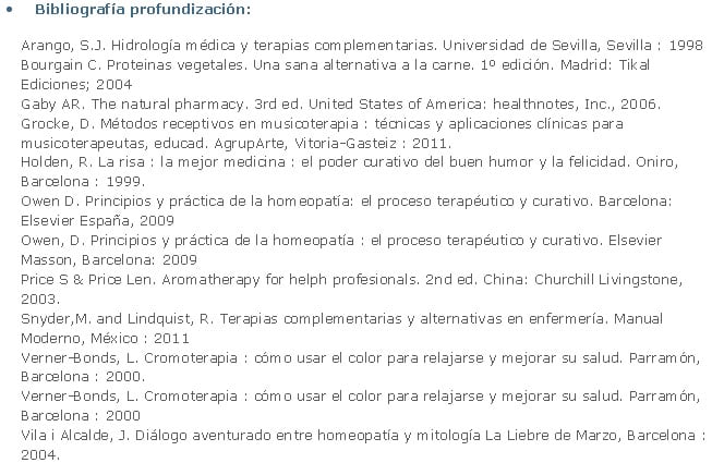 Bibliografía especializada de la asignatura de Enfermería en las Terapias Naturales, de la Universidad del País Vasco.