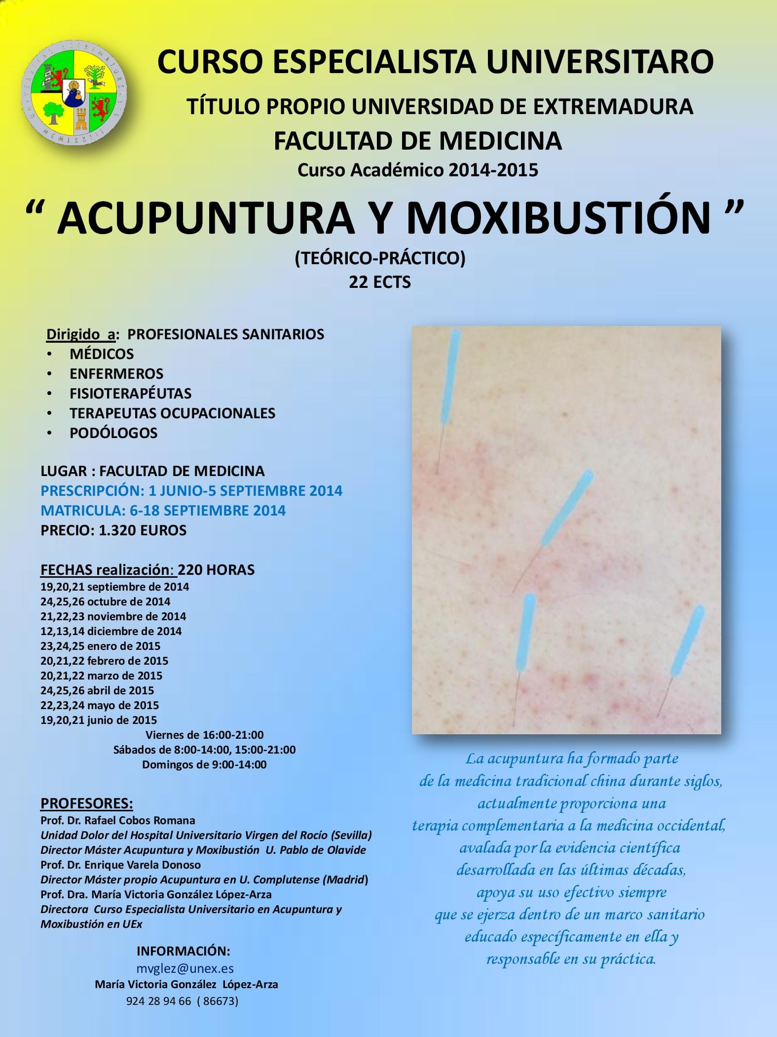 Cartel del curso de especialista en acupuntura y moxibustión de al Universidad de Extremadura.