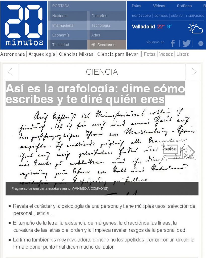 Reportaje sobre la grafología publicado bajo el epígrafe de 'ciencia' en '20 Minutos'.
