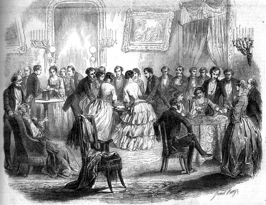 Imagen de un salón parisino en 1853, con personas jugando a las mesas parlantes, publicada por la revista francesa 'L'Illustration'.