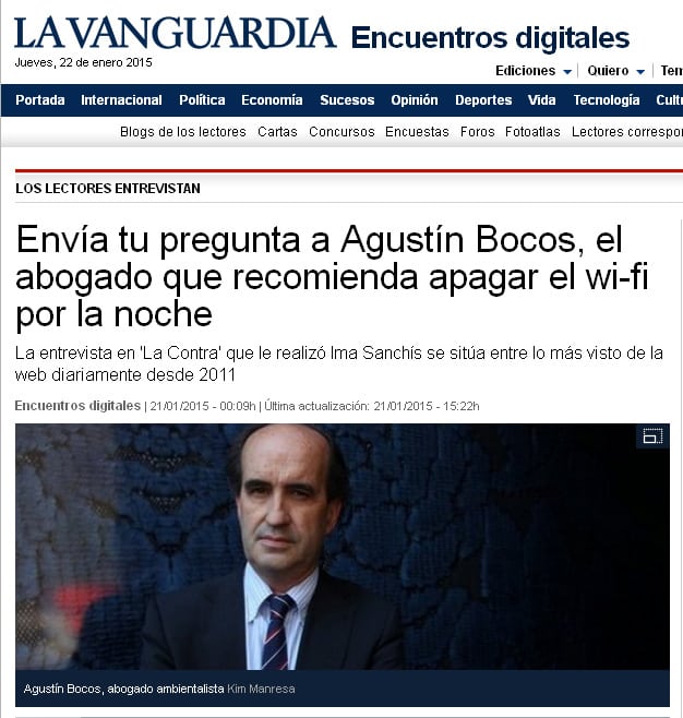 Anuncio del encuentro digital del abogado antiantenas Agustín Bocos con los lectores de 'La Vanguardia'.