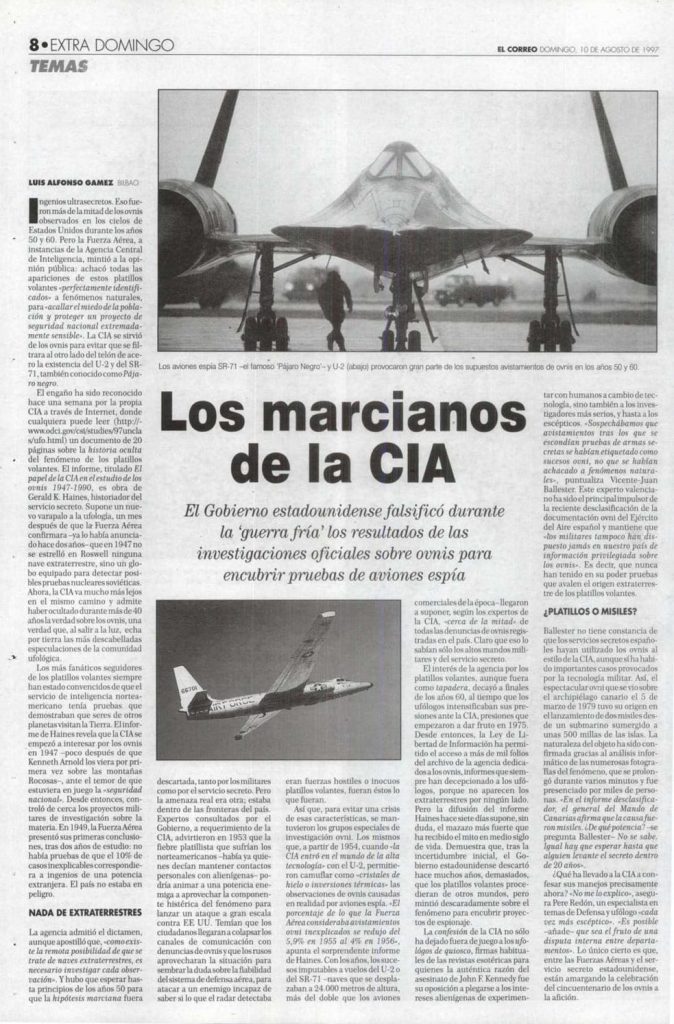 Reportaje sobre el reconocimiento de la CIA de que usó la creencia en los ovnis para encubrir misiones de espionaje, publicado en 'El Correo' en agosto de 1997.