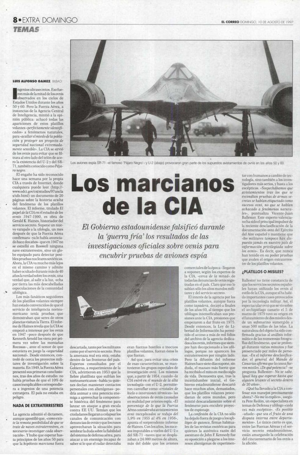 Reportaje sobre el reconocimiento de la CIA de que usó la creencia en los ovnis para encubrir misiones de espionaje, publicado en 'El Correo' en agosto de 1997..