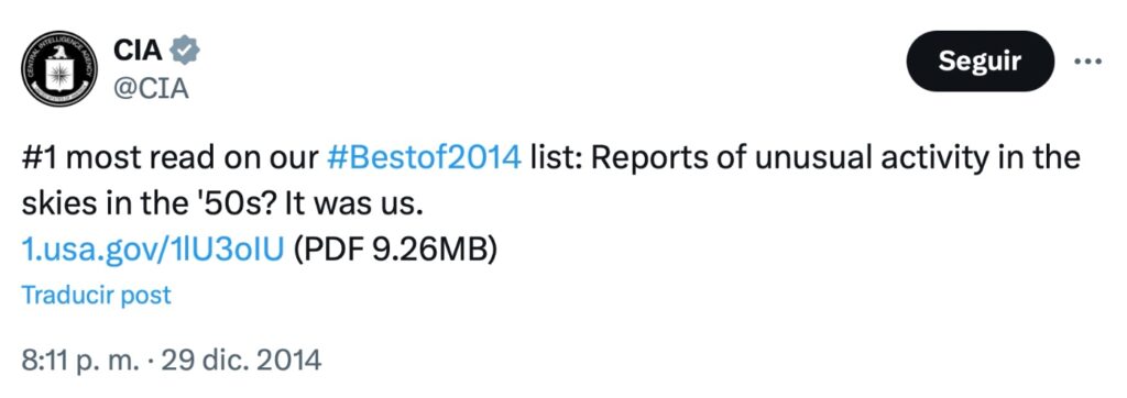 El tuit de la CIA en el que dice que lo más leído de 2014 fue un informe sobr eovnis desclasificado en 1997.