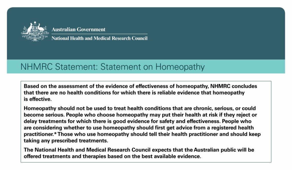 Síntesis de la declaración del consejo biomédico australiano sobre la homeopatía.