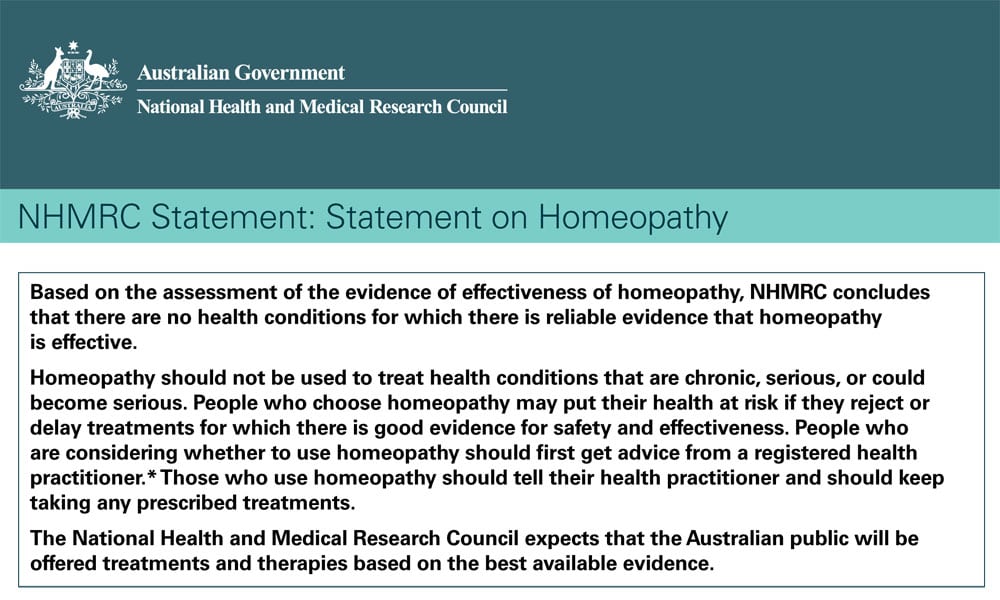 Síntesis de la declaración del consejo biomédico australiano sobre la homeopatía.