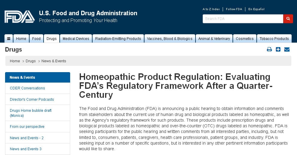 Anuncio de la audiencia pública sobre la homeopatía que celebrará la FDA.