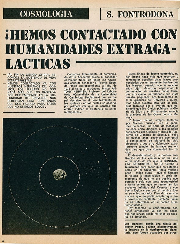 Primera página del artículo de Sebastián Fontrodona en 'Karma.7' en el que da cuenta del Nobel a Antony Hewish por el descubrimiento del primer púlsar.