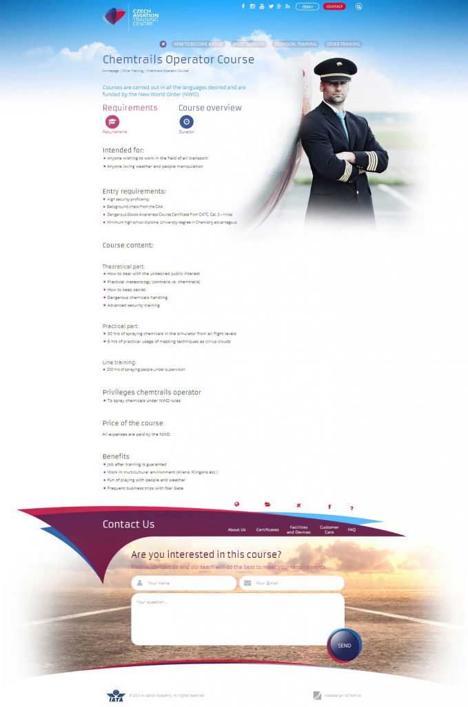 Anuncio del curso de operador de 'chemtrails' publicado en la web del Centro Checo de Adiestramiento para la Aviación (CATC) con motivo del 1 de abril.
