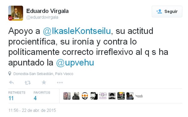 Tuit del catedrático Eduardo Virgala apoyando el anuncio censurado por la UPV. Tuit del catedrático Eduardo Virgala apoyando el anuncio censurado por la UPV.