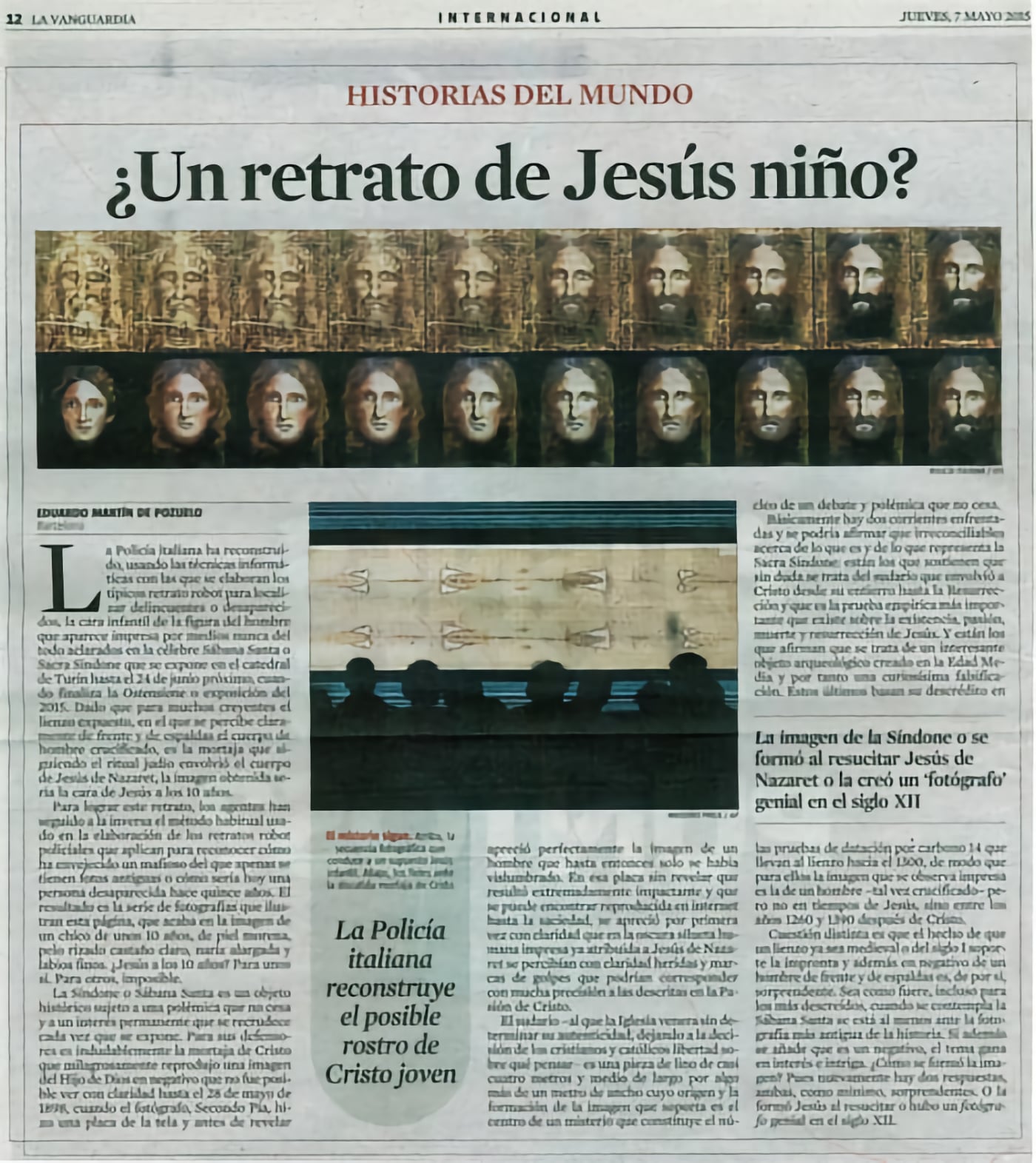 Información de 'La Vanguardia' sobre el retrato robot de Jesús de niño a partir de la sábana santa.
