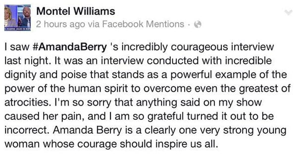 La disculpa de Montel Williams a Amanda Berry que el primero publicó en Facebook.