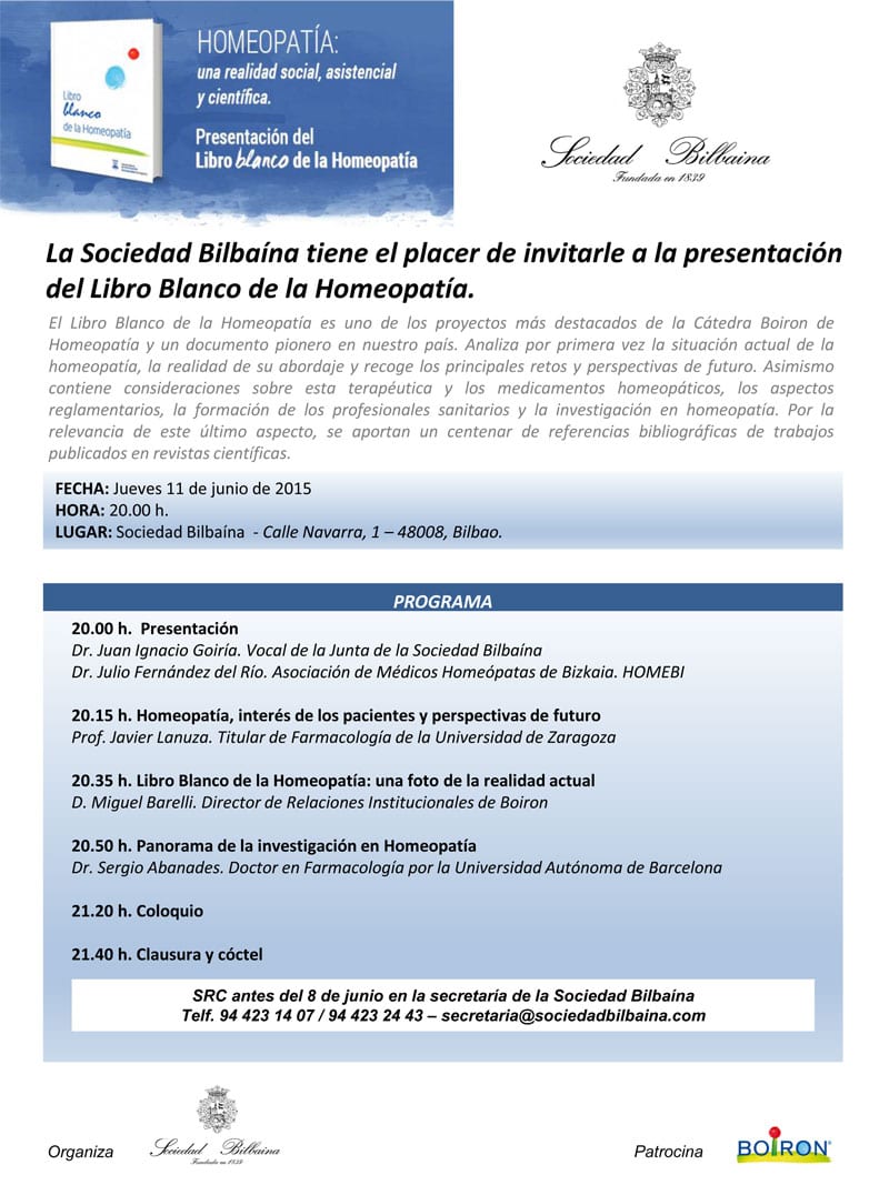 Convocatoria de la presentación del 'Libro blanco de la homeopatía' en Bilbao.