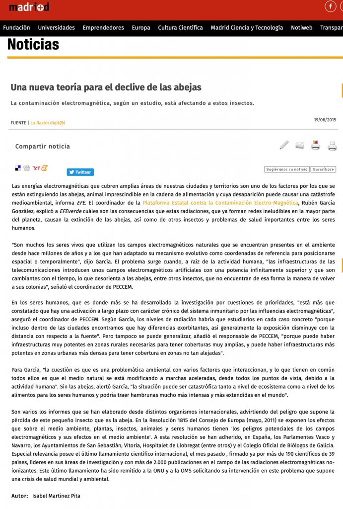 Información de Efe, publicada en el portal Madri+d, que defiende que el colapso de las colmenas se debe a la 'contaminación electromagnética'.