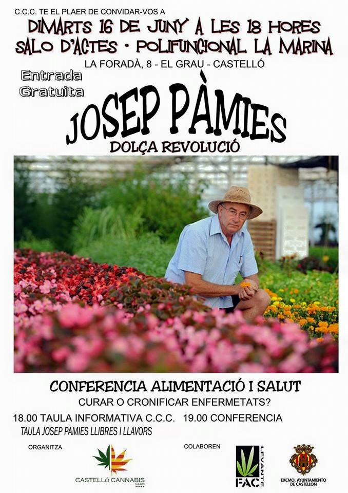 Cartel de la charla de Josep Pàmies en Castellón, organizada con la colaboración del Ayuntamiento.