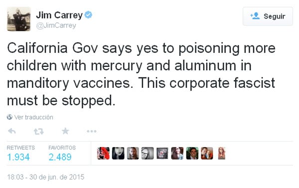 Tuit del antivacunas Jim Carrey contra la decisión de los legisladores de California.