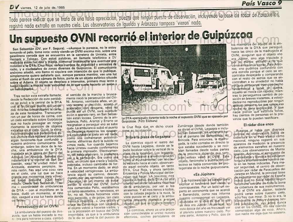 Así contó 'El Diario vasco' la persecución del ovni por Guipúzcoa.