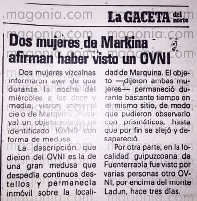 Noticia sobre el ovni visto en Markina el 24 de julio de 1985.