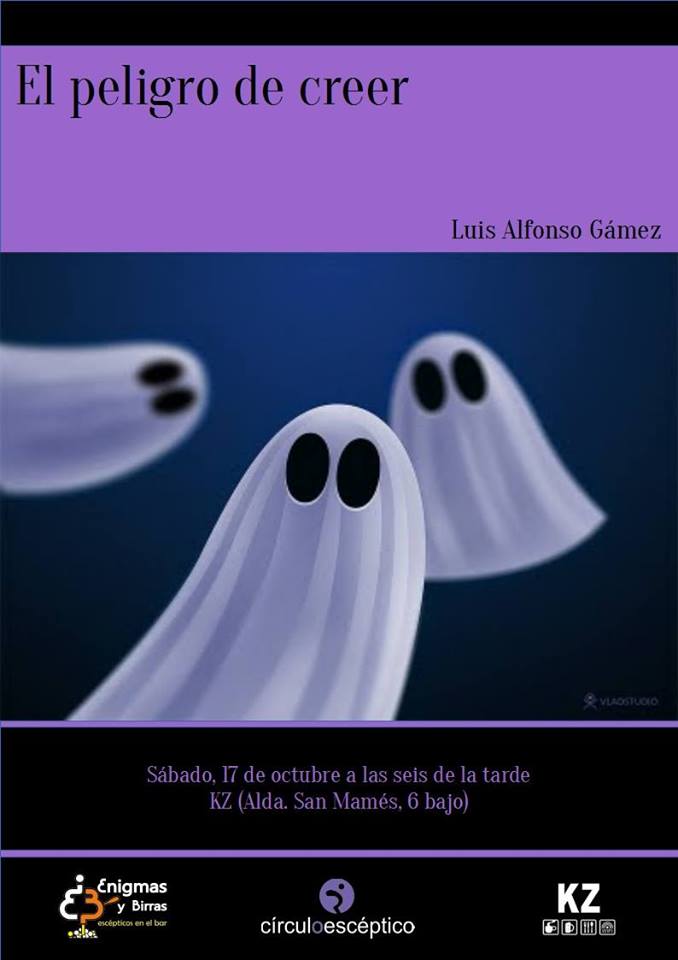 Cartel anunciador del cuadragésimo octavo 'Enigmas y Birras’ de Bilbao, dedicado al espiritismo, los adivinos y los médicos alternativos.