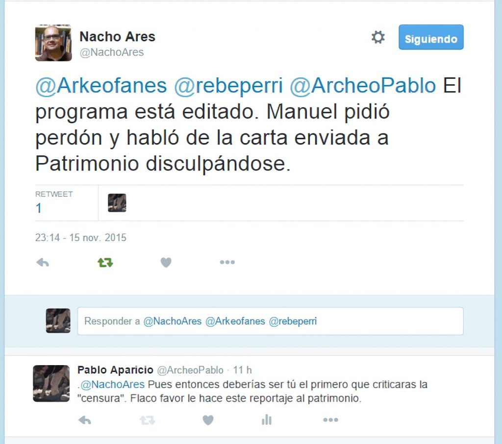 Tuit de Nacho Ares en el que asegura que el arrepentimiento del expoliador se suprimió en la edición del programa.