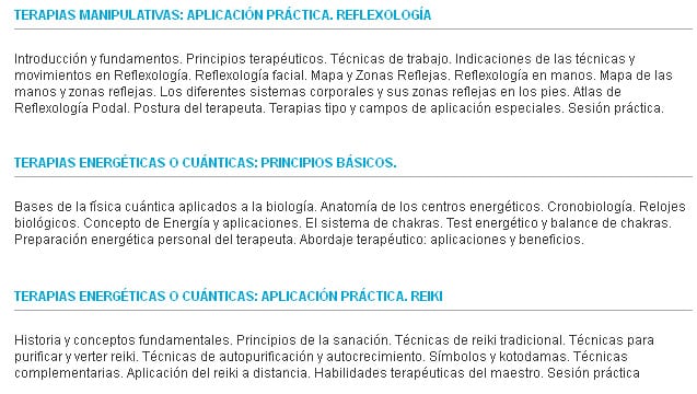 Algunas de las materias del Máster en terapias complementarias aplicadas a la salud de la Universidad de Valencia.