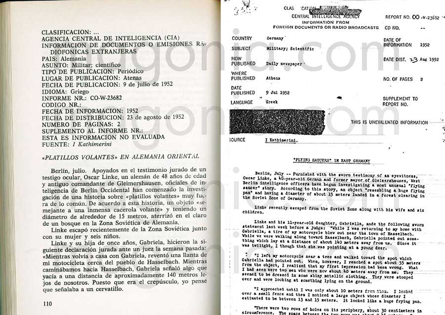 Expediente ovni publicado en el libro 'Ovnis: el archivo de la CIA. Informes de avistamientos' (1980) y un documento supuestamente desclasificado hace unos días.