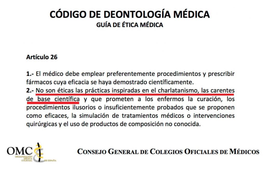 Artículo del código deontológico médico contra el uso de prácticas pseudocientíficas.